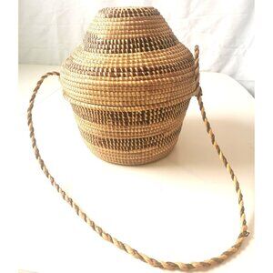 Vintage Handmade Botswana Woven Basket with Lid & Strap  Gourd Shape African Art
